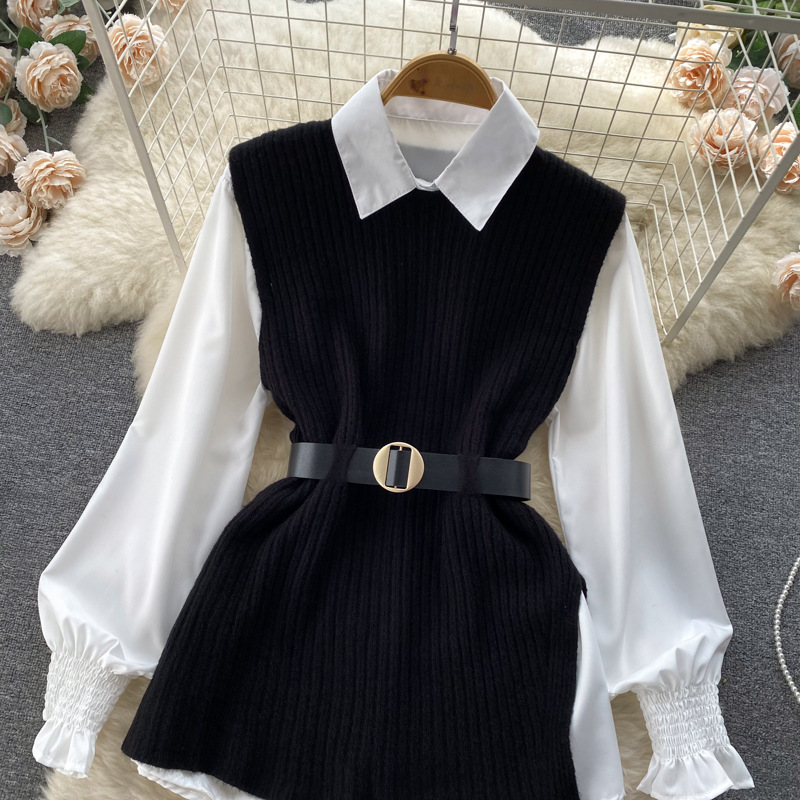 Set de două piese pentru femei, cămașă albă cu mâneci lungi și vestă din tricot despicat_voghion.com