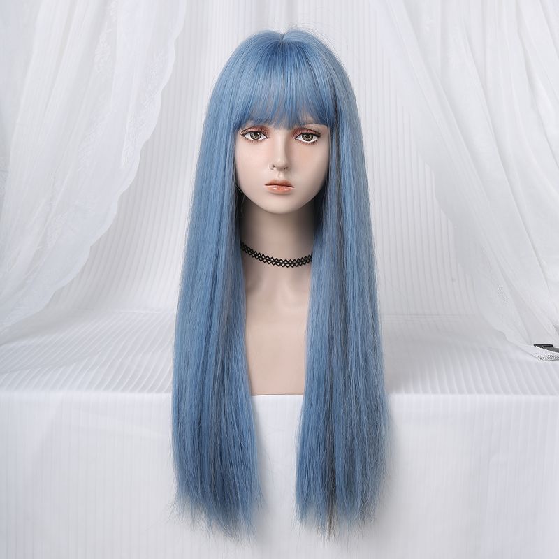 Parrucca sintetica lunga e dritta, azzurra con riflessi cenere, parrucca cosplay con frangia per donna, capelli naturali, fibra resistente al calore_voghion.com