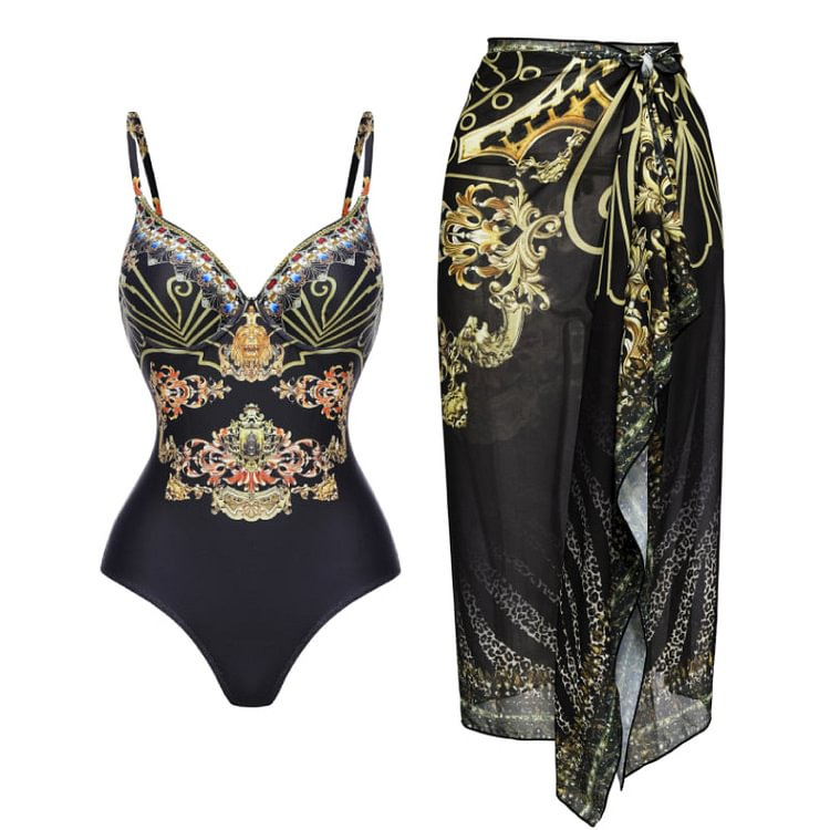 Maillot de bain une pièce imprimé Suspender noir doré pour femme_voghion.com