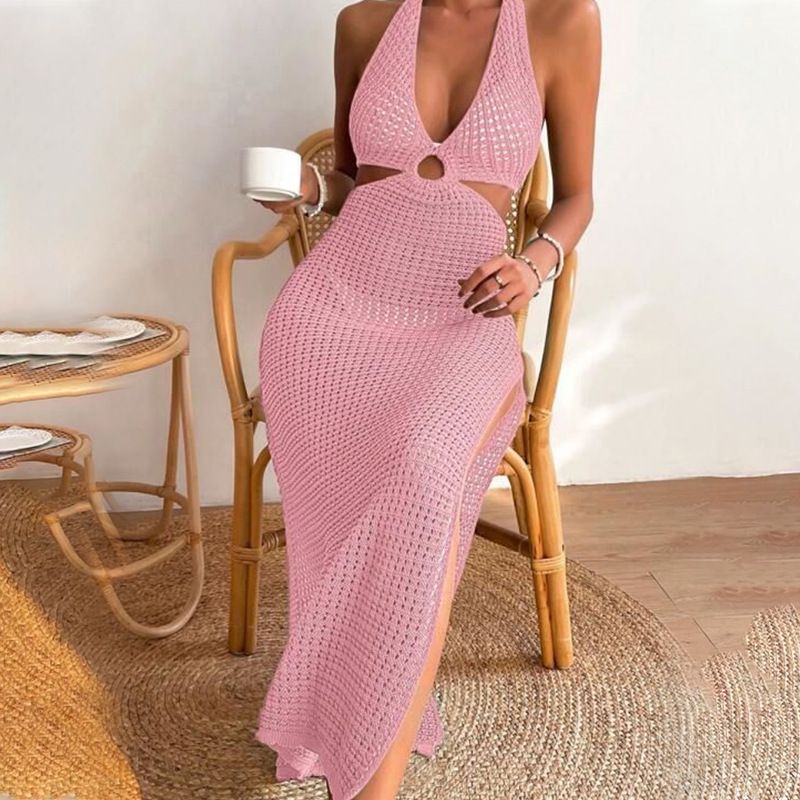 Vêtements pour femmes, nouvelle jupe de plage d'été pour femmes, couleur unie, sexy, tricotée, ajourée, robe de plage, cache-maillot de bain_voghion.com