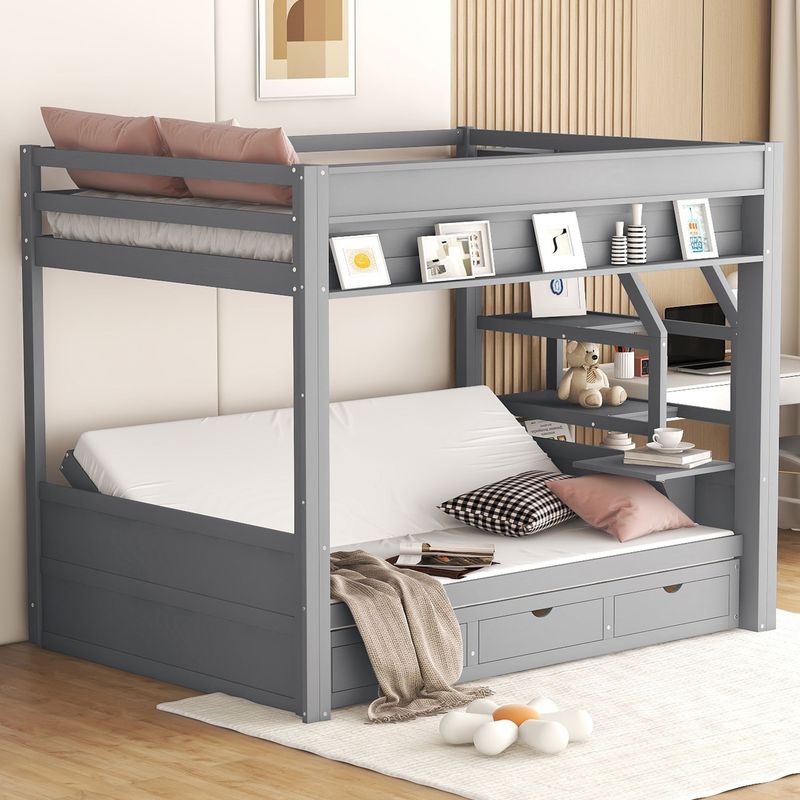 Wood Full Size Convertible Bunk Bed With Storage Staircase, Bedside Table, And 3 Drawers_voghion.com