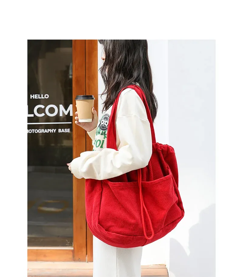 Borse casual semplici Borsa a tracolla in velluto a coste per studenti adolescenti Borsa da donna grande con coulisse Borsa per la spesa da donna_voghion.com