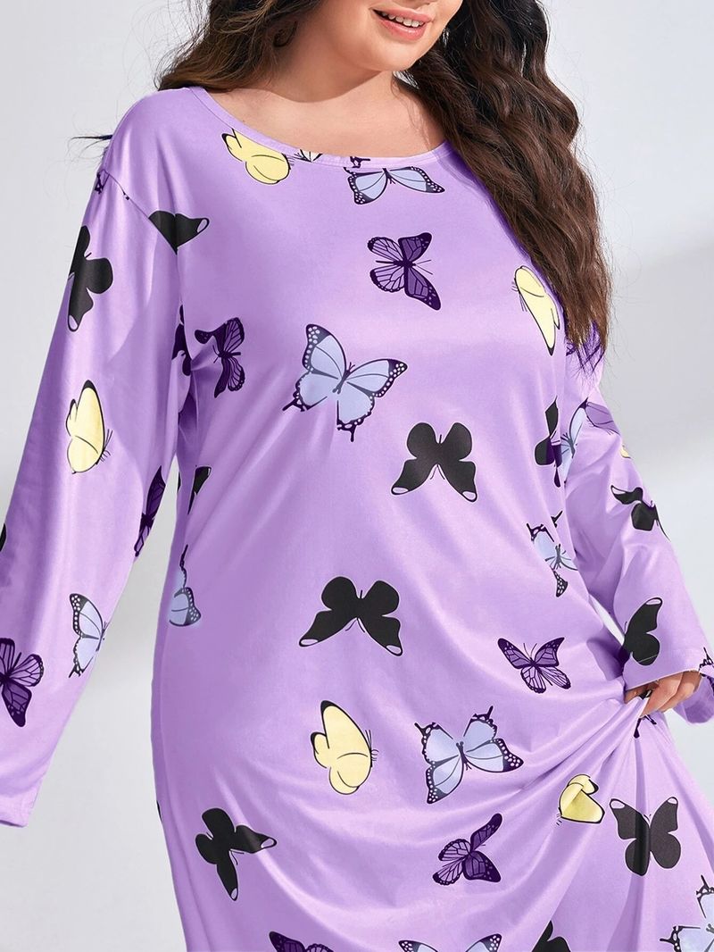 Damenbekleidung Langärmliges Nachthemdkleid mit Schmetterlings- und Herz-Leopardenmuster, überschnittener Schulter, großer Größe_voghion.com