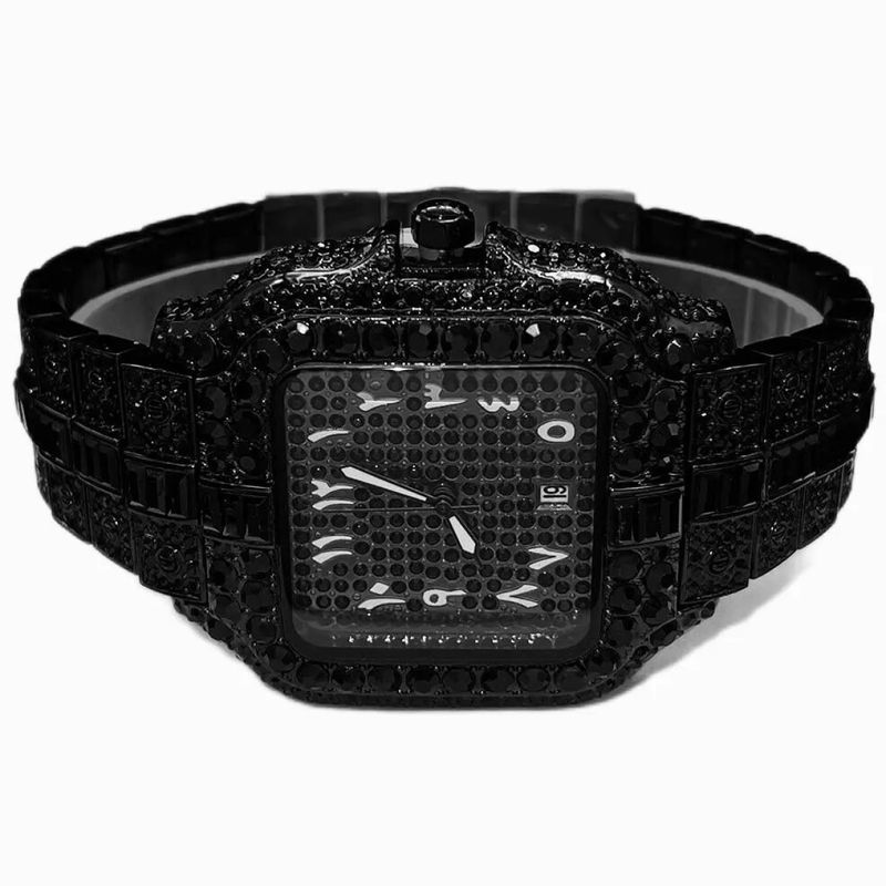 Men's Hip Hop Square Dial Quartz Watch With Full Diamond Accents And Arabic Numerals, 30M Water Resistant, Stainless Steel Case_voghion.com