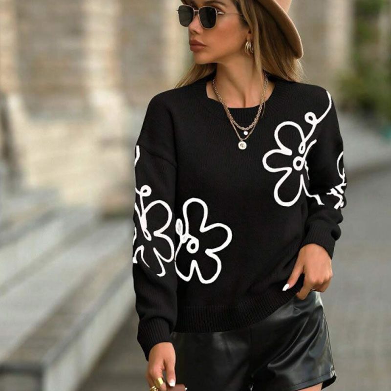 Floral Embroidered Sweater Women's 3D Knit Top Long Sleeve Round Neck Elegant Casual Fall Winter Tunic Acrylic Blouse_voghion.com