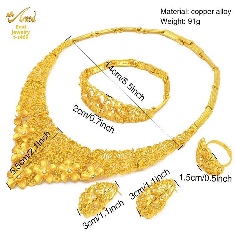 Set di gioielli in oro da donna, gioielli in lega di rame placcati in oro, gioielli da donna placcati in oro, set di collana, orecchini, anello e bracciale da sposa indiana_voghion.com