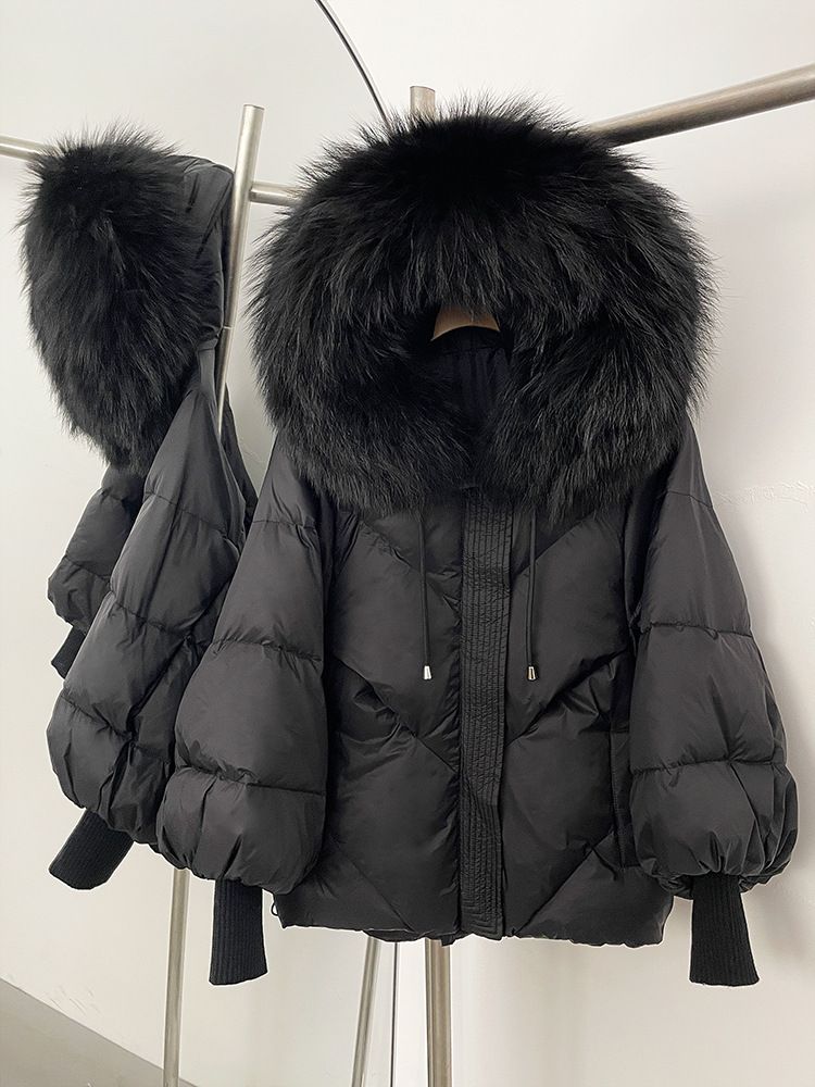 Piumino con cappuccio di alta qualità e finiture in pelliccia di procione - Giacca invernale da donna con maniche lunghe in maglia, vestibilità ampia e ultra calda, capospalla alla moda_voghion.com
