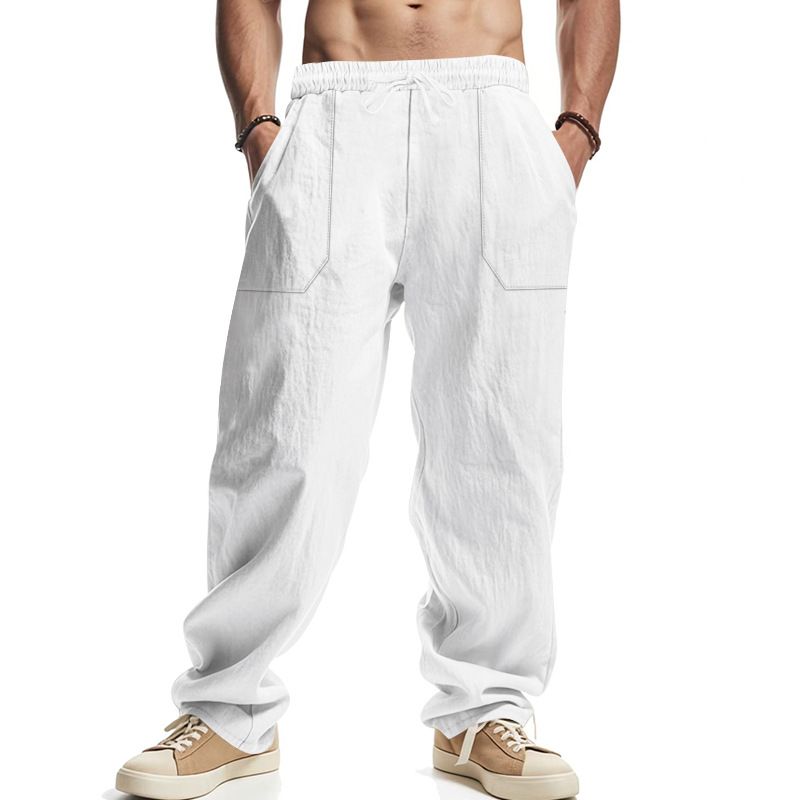 Übergroße, atmungsaktive und schweißabsorbierende Herrenhose aus Baumwollleinen in Volltonfarbe, einfache, lässige Hose mit weitem Bein_voghion.com