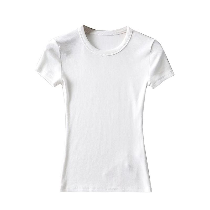 Summer New European And American Women's Clothing Elastic Thread Solid Color T Shirt Basic Short Sleeved Large Round Neck Long Top_voghion.com