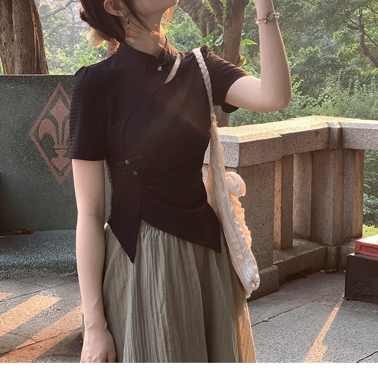 High end niche design, new temperament, Chinese style short sleeved T-shirt, women's 2024 summer slimming top trend_voghion.com