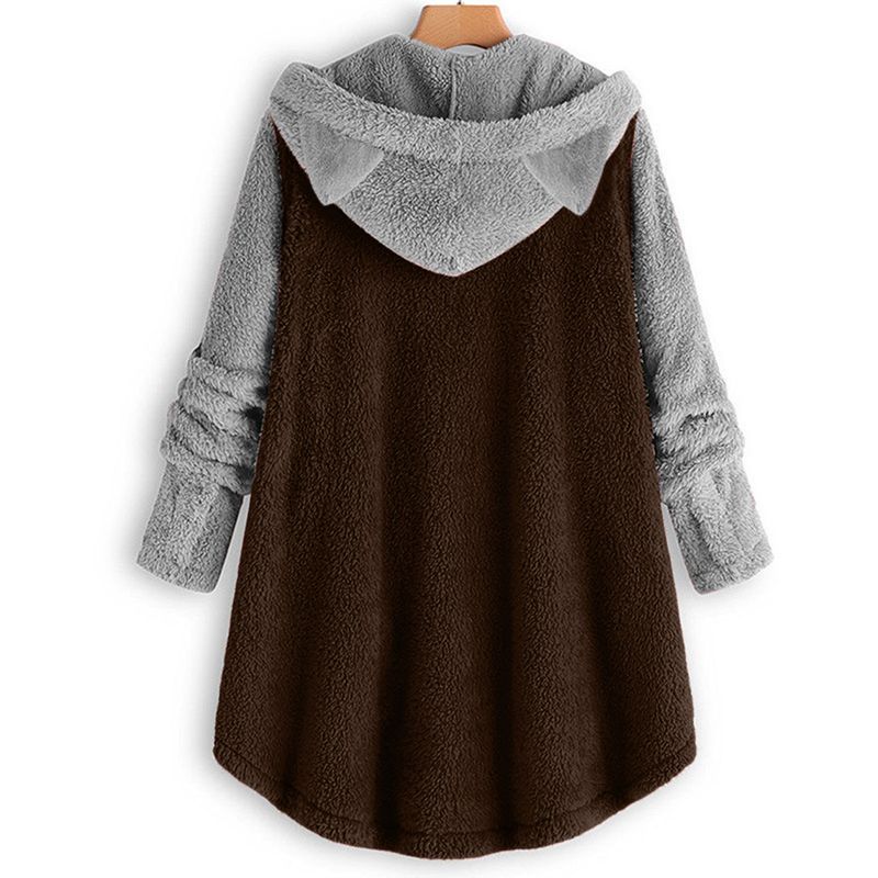 Women's Clothing Autumn And Winter Button Hooded Cat Ear Plush Top Irregular Trendy Brand Color Matching Jacket For Women_voghion.com