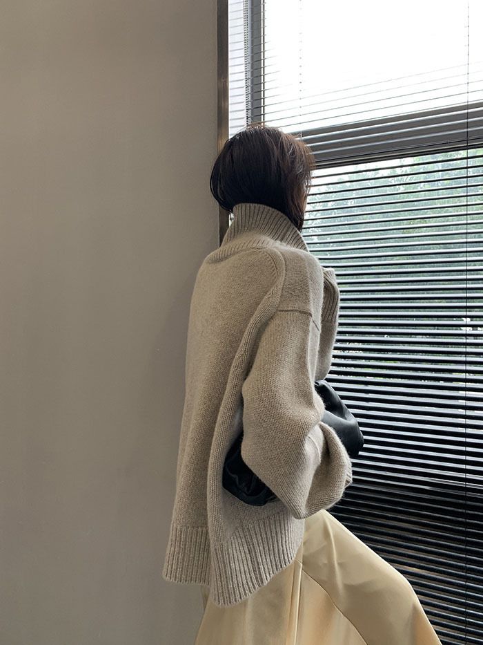 Maglione oversize da donna in misto cashmere con collo alto - Pullover morbido e ampio in maglia con motivo 3D, caldo top casual invernale_voghion.com