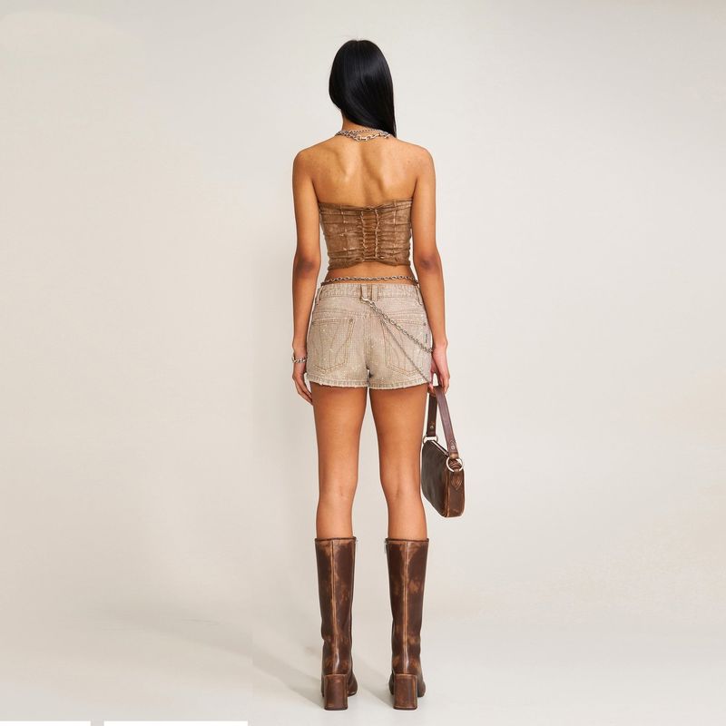 Top corto bandeau vintage tejido a mano con efecto desgastado - Ropa urbana bohemia de mezclilla desgastada para mujer_voghion.com