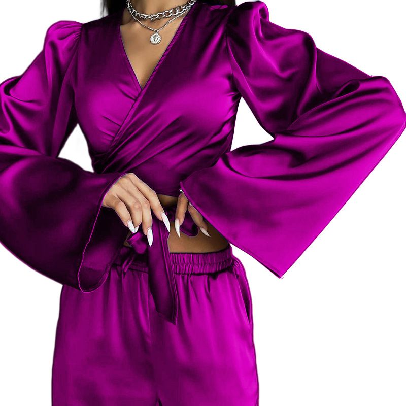 Autumn solid color long-sleeved tops straight trousers casual suit two-piece set_voghion.com