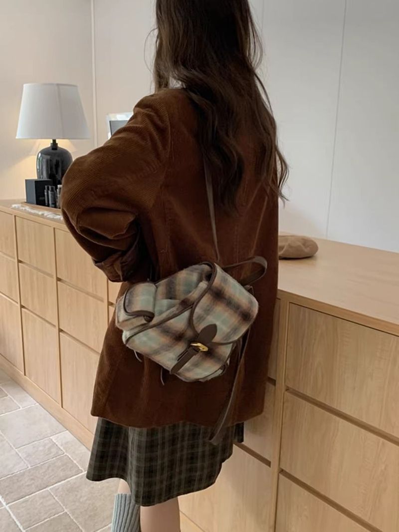 Vintage Woolen Velvet Whi Checkered Autumn Winr College Style Student Backpack For Women Commuting Simple British_voghion.com