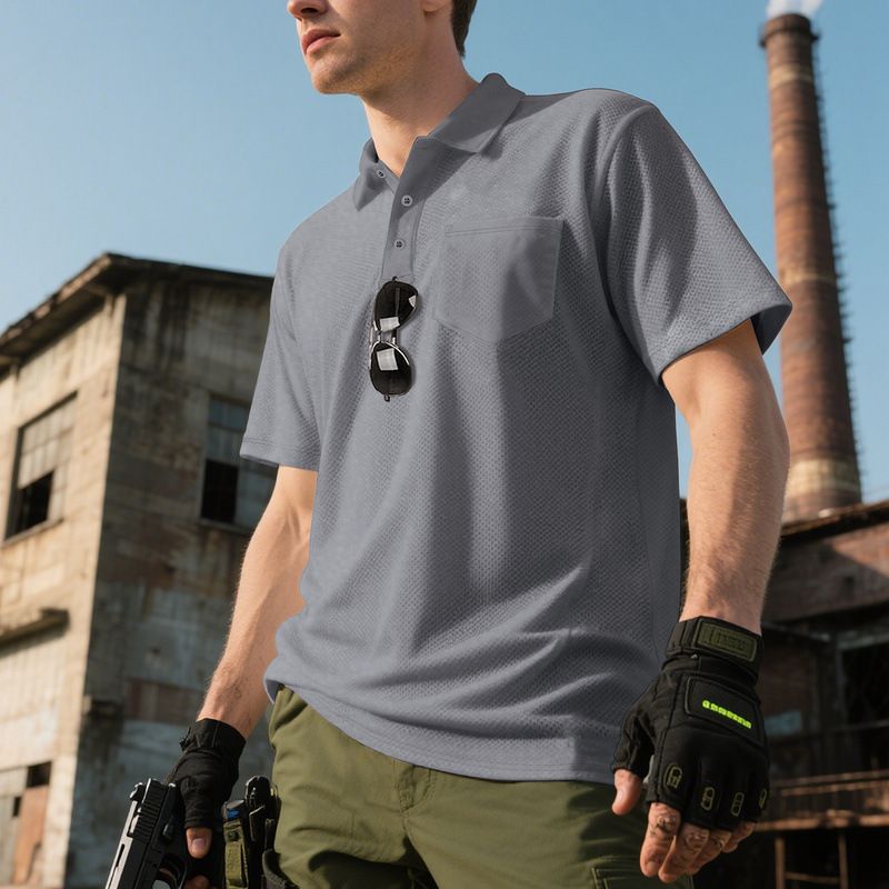 Herrenbekleidung Outdoor Einfarbiges Poloshirt Schweres lässiges atmungsaktives Revers-T-Shirt_voghion.com