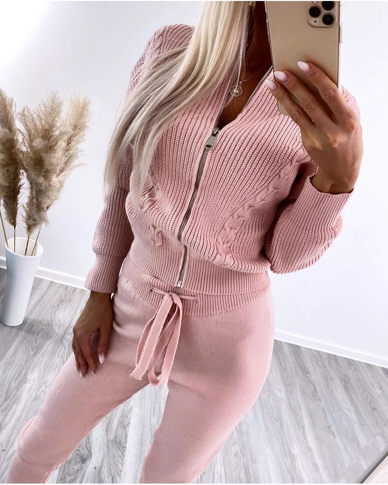 Einfarbiger Damen-Wollmantel mit Reißverschluss und Hose_voghion.com