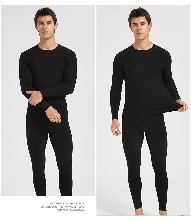 Conjunto de roupa íntima térmica escovada dupla face unissex Ouma, gola redonda, preta, tamanho grande_voghion.com