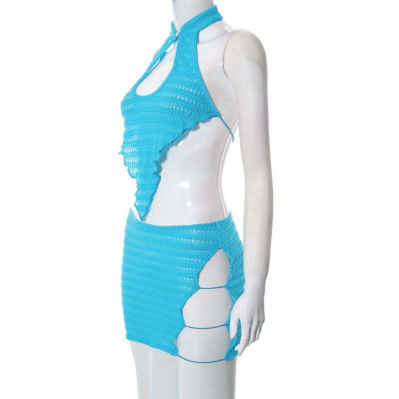 Traje de punto sin mangas con falda y chaleco sin espalda de moda de verano para mujer_voghion.com