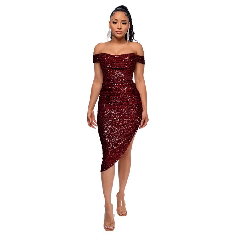 Verve Women's Summer Sequin Side Slit Gown French Off-Shoulder Bodycon Dress_voghion.com