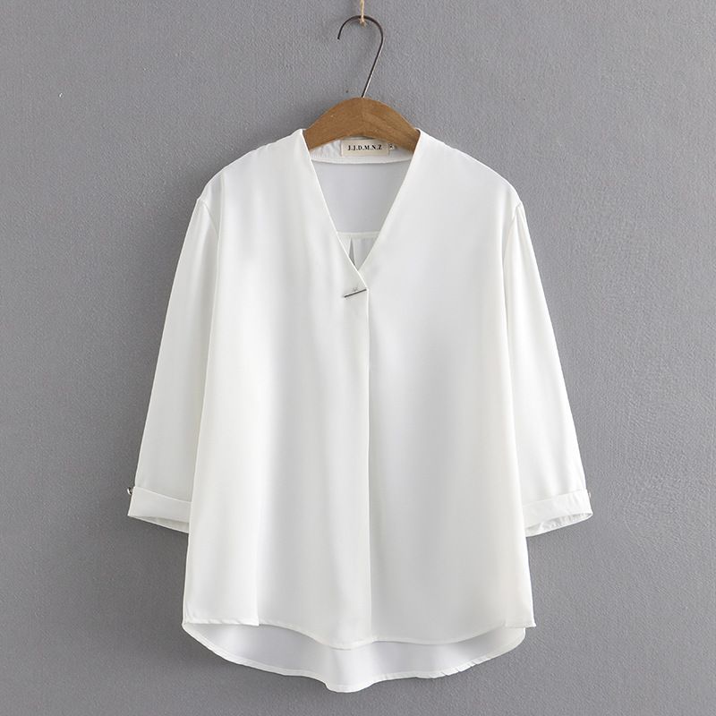 Damenbekleidung V-Ausschnitt Temperament Frühling und Sommer Chiffonhemd Fett MM 200 Pfund Pulloverhemd_voghion.com