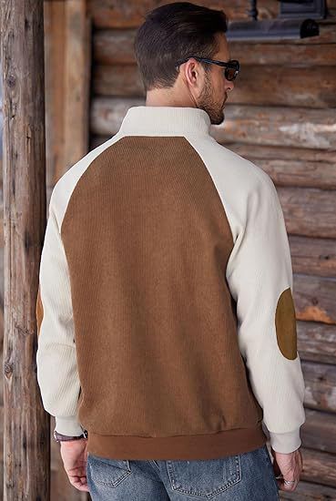 Felpa da uomo in velluto a coste con colletto alto, manica raglan, casual e color block_voghion.com