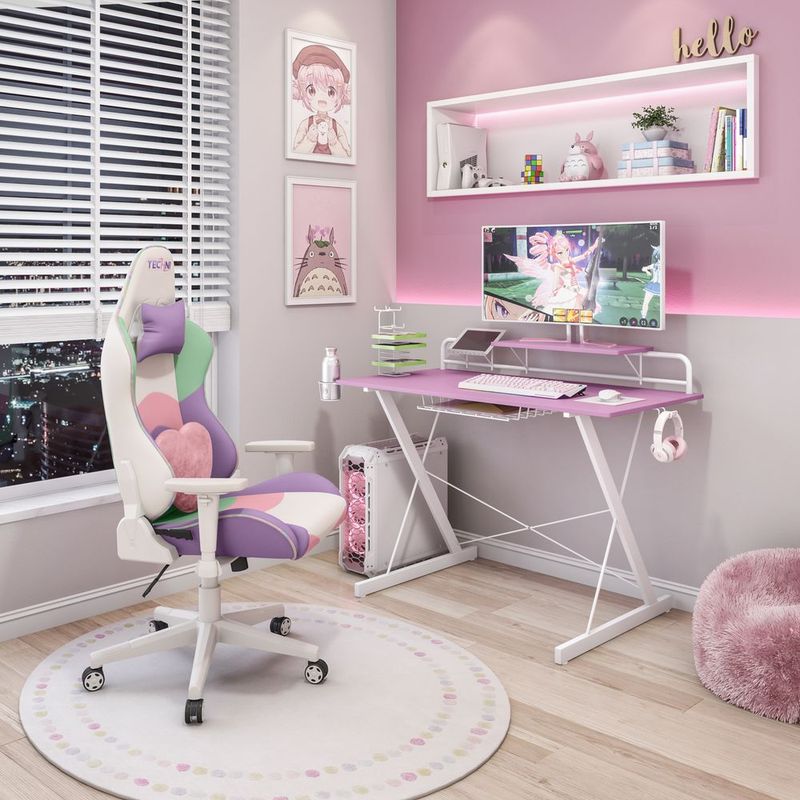 Techni Sport TS-200 Carbon Computer Gaming Desk With Shelving, Pink_voghion.com