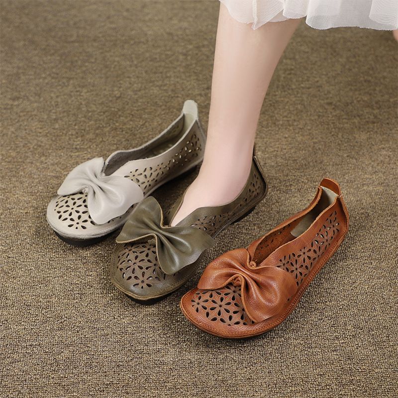 Huizu Mei New Genuine Leather Single With Bowknot Hollow Design Soft Sole Low Heel Flat Slip-On Mom Shoes_voghion.com