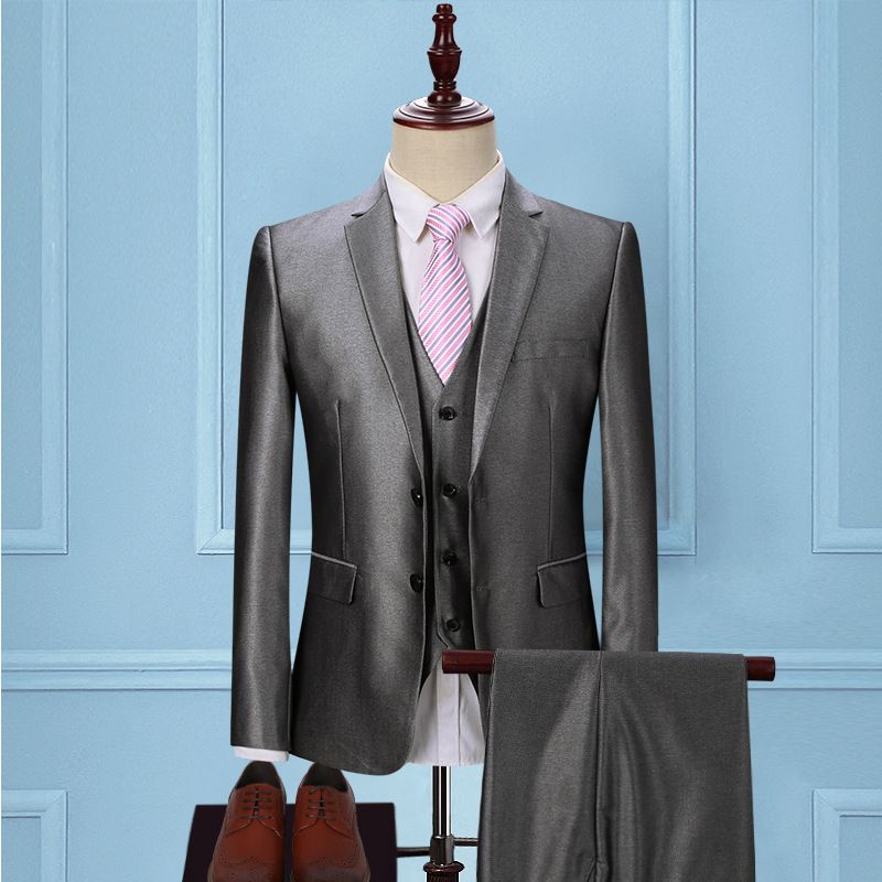 CT Silbergraues Set für Männer, dreiteiliger Anzug im koreanischen Stil, Slim Fit, Business-Abendgarderobe, Trauzeugen, Bräutigam, Hochzeitsanzug_voghion.com
