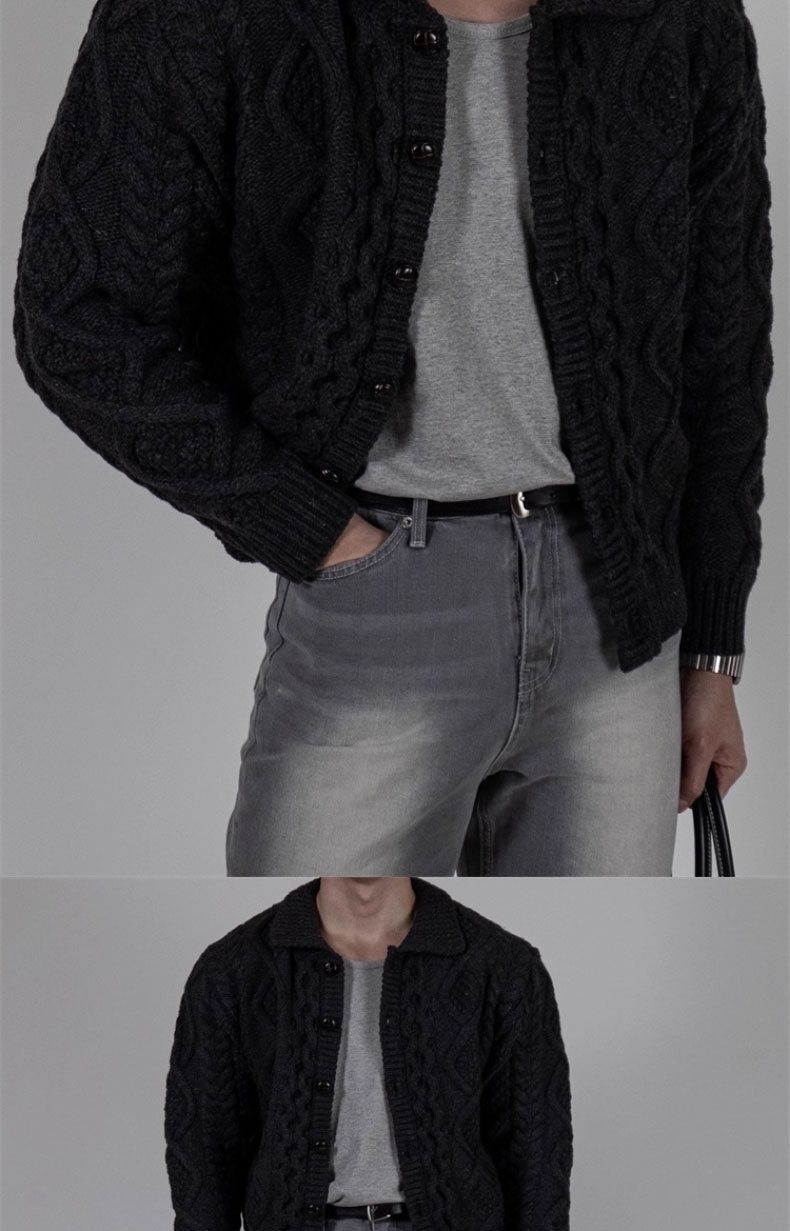 Gilet cardigan en maille torsadée à col rabattu pour homme, style décontracté et ample, motif losanges rétro, confection soignée._voghion.com