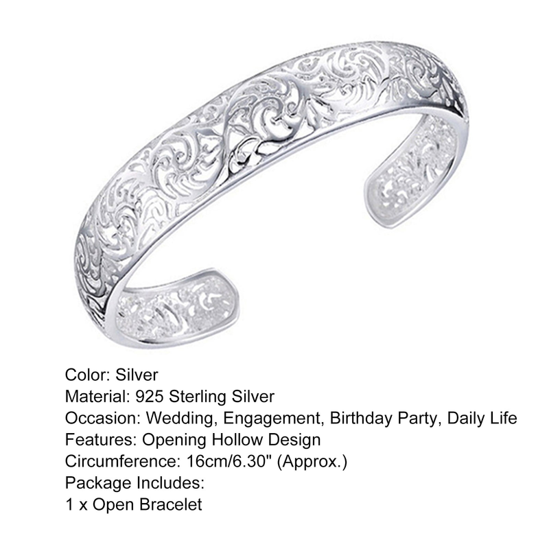 Opolski Women's Sterling Sier Bezel Hollow Delicate Bracelet Ladies Fashion Pattern Open Jewelry Cuff Bangle Bracelets_voghion.com