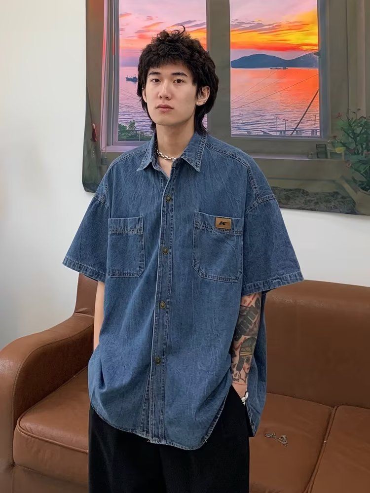 Camicia in denim vintage da uomo - Camicia da lavoro casual a maniche corte con vestibilità ampia e tasche, blu e nera_voghion.com