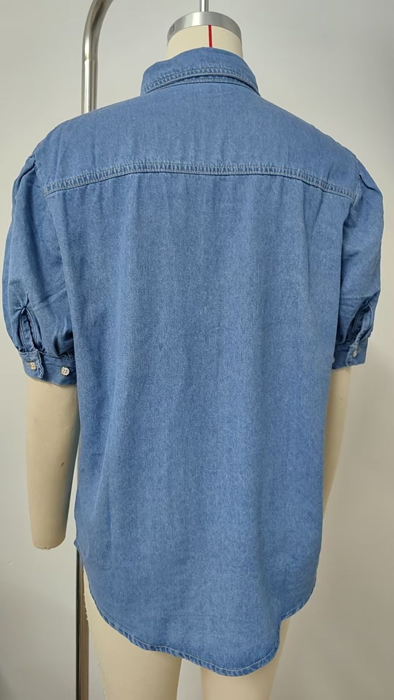 Nueva y versátil camisa vaquera fina con cuello vuelto y mangas princesa, top informal de moda para mujer_voghion.com