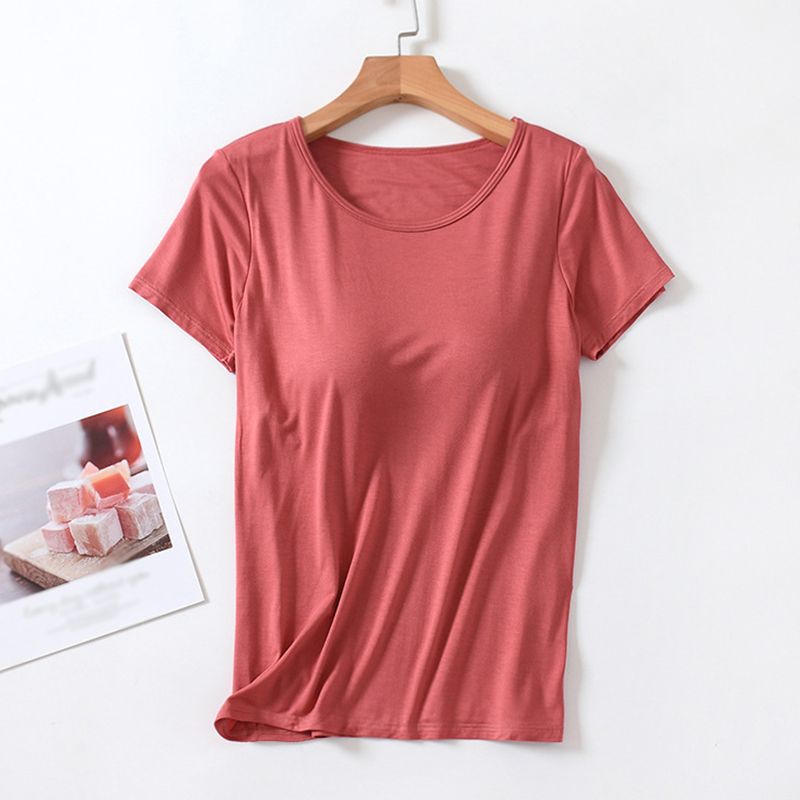 hot selling Women's Modal With Bra Pads Short-Sleeved Top Round Neck Thin Homewear T-Shirt Bottom Shirt Pamas_voghion.com