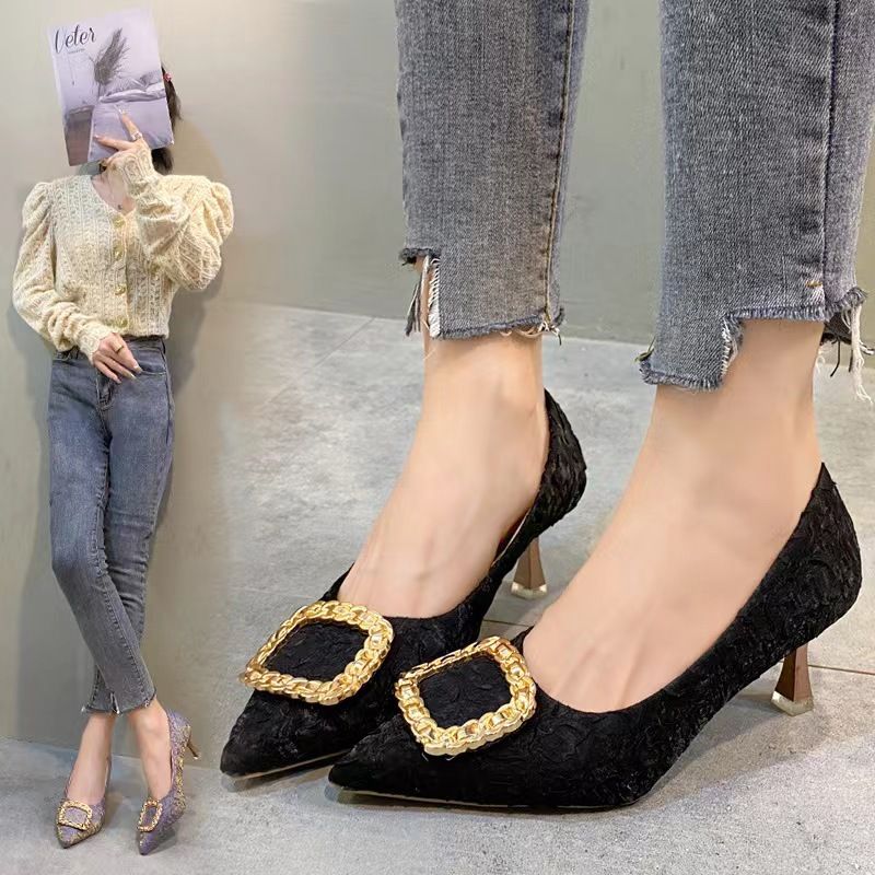 Zapatos de trabajo de tacón alto con hebilla cuadrada y punta cuadrada ligeros para mujer, zapatos de mujer de color negro con punta puntiaguda, zapatos sencillos de otoño nuevos_voghion.com