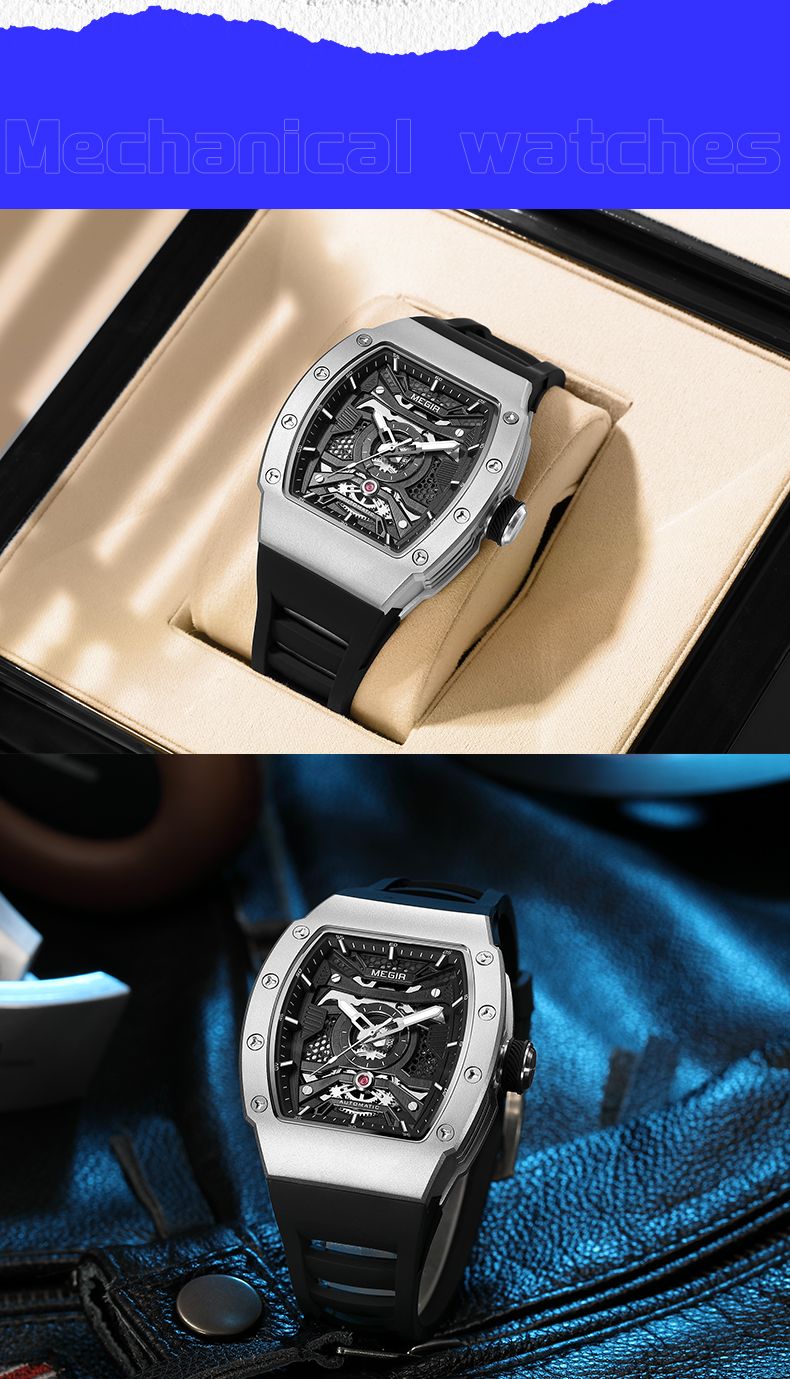 MEGIR Automatic Mechanical Watch For Men Fashion Sport Wristwatch With Stainless Steel Case Silicone Strap Luminous Hands_voghion.com