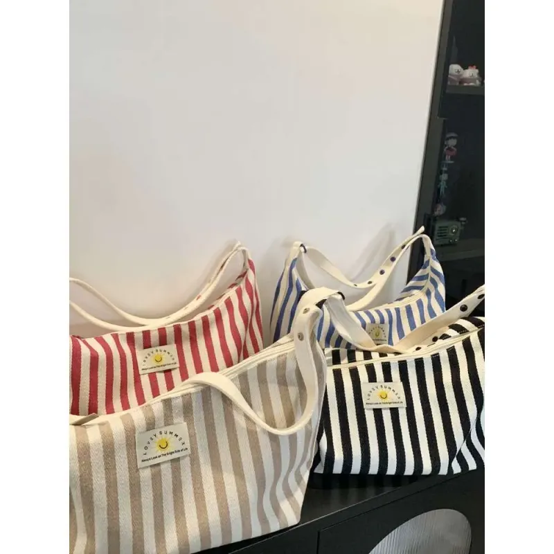 Yuxia | Capacity Striped Tote Women, Simple Fashion Shoulder For Class And Commute, Large Canvas Bag_voghion.com