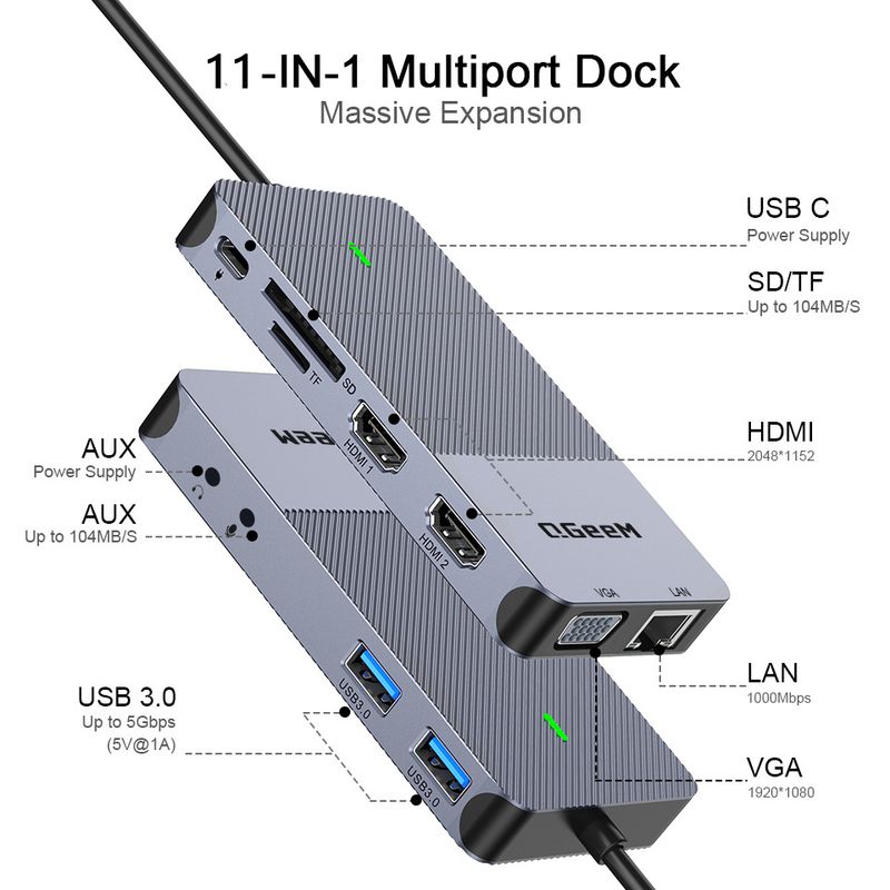 QGeeM 11-i-ett Type-C-dokkingstasjon, Display k trippelskjerm USB-hub DL3900_voghion.com