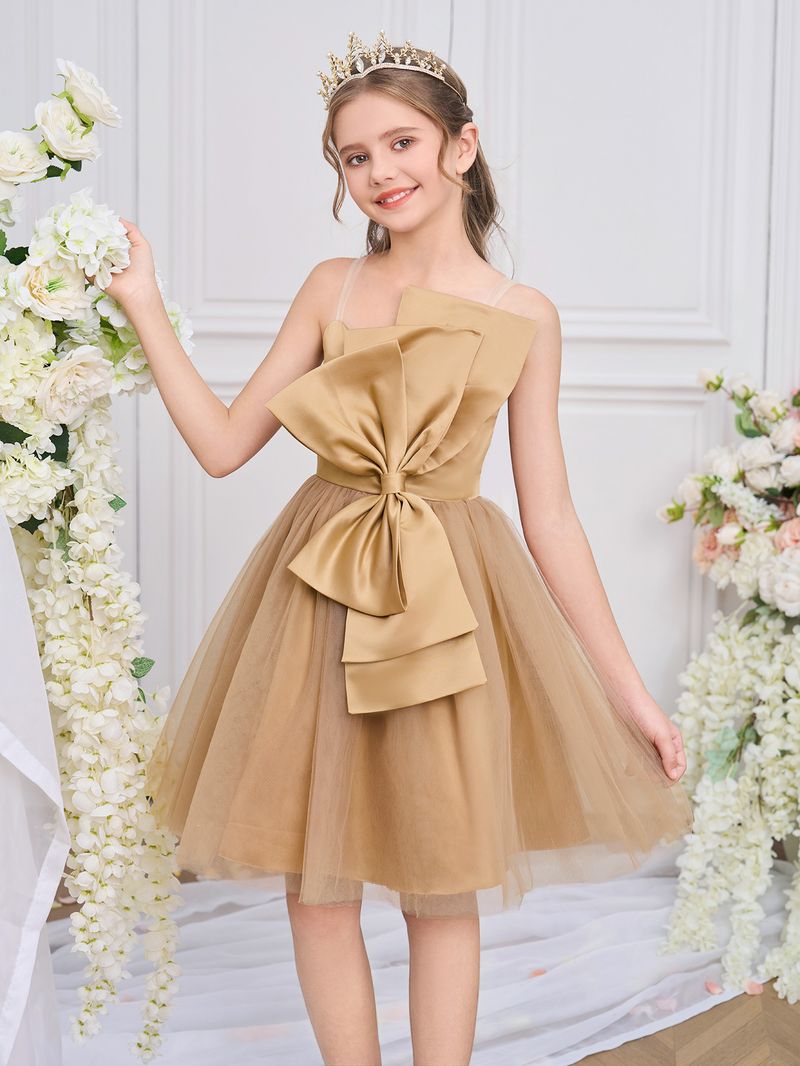 Mutter & Kinder Mädchen Kleid Mesh Tüllrock Abendkleid Große Schleife Kleines Host Kleid Blumenmädchen Hochzeitskleid Prinzessinnenkleid_voghion.com