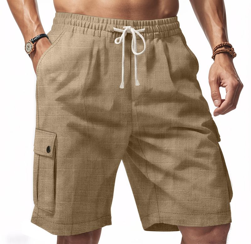 Pantaloncini da uomo in lino, pantaloncini cargo tinta unita con elastico in vita, tasche per viaggi e tempo libero, pantaloncini da spiaggia a gamba larga per l'estate_voghion.com