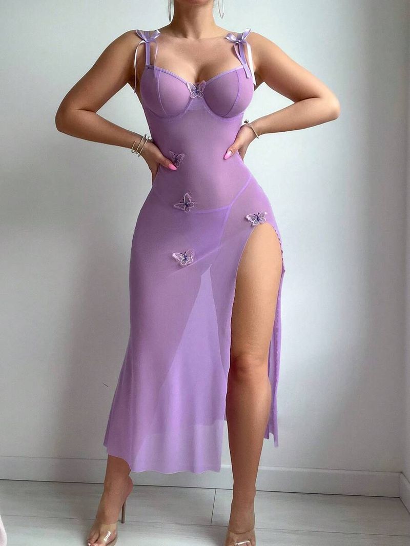 New Sexy Sheer Strap High-Slit Long Dress With Butterfly And Floral Lingerie Set_voghion.com