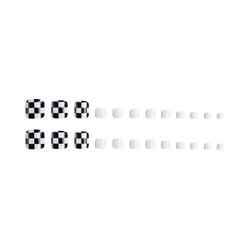 Black And Chessboard False Nails, White Toenails, Wearing Art Patches, Finished 24 Nail Patches_voghion.com