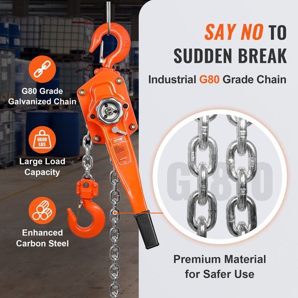 Manual Lever Chain Hoist, 3 Ton 6600 Lbs Capacity 10 FT Come Along, G80 Galvanized Carbon Steel With Weston Double-Pawl Brake, Auto Chain Leading &_voghion.com