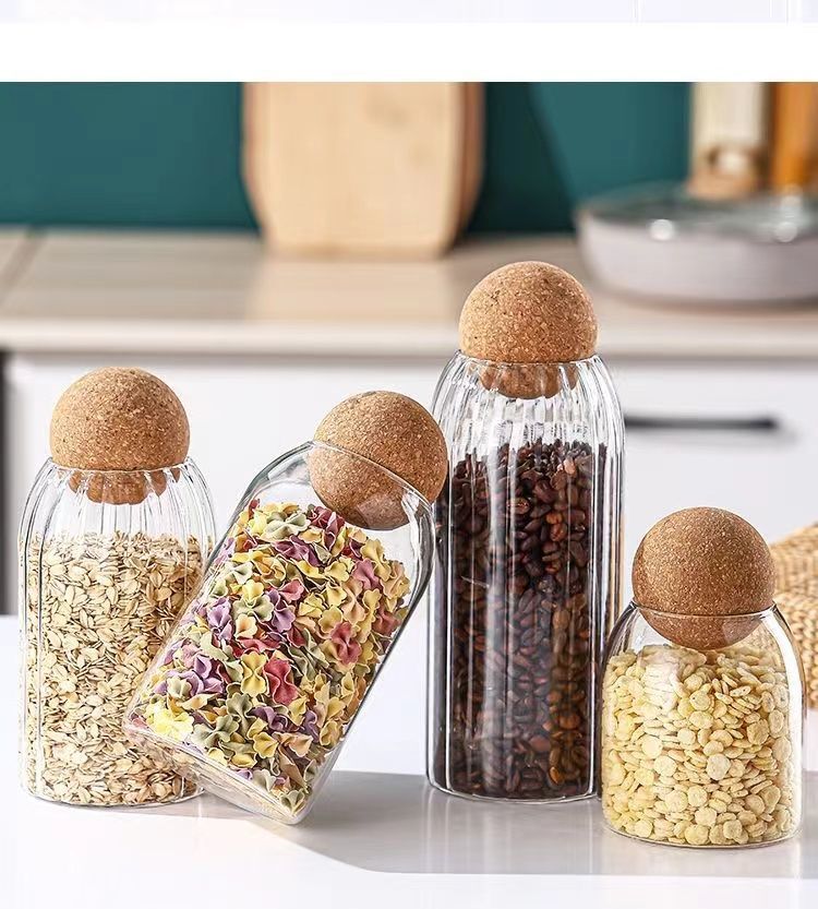 Caurspīdīga stikla mitrumizturīga tējas apaļa koka bumbiņa ar vāka aizbāzni, kafijas pupiņu noslēgta burka, radoša uzglabāšanas pudele_voghion.com