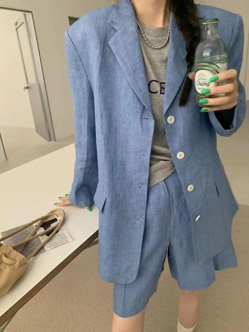 Damenbekleidung Langarmanzugjacke Schrägtaschen-Design Lässiges Shorts-Set_voghion.com