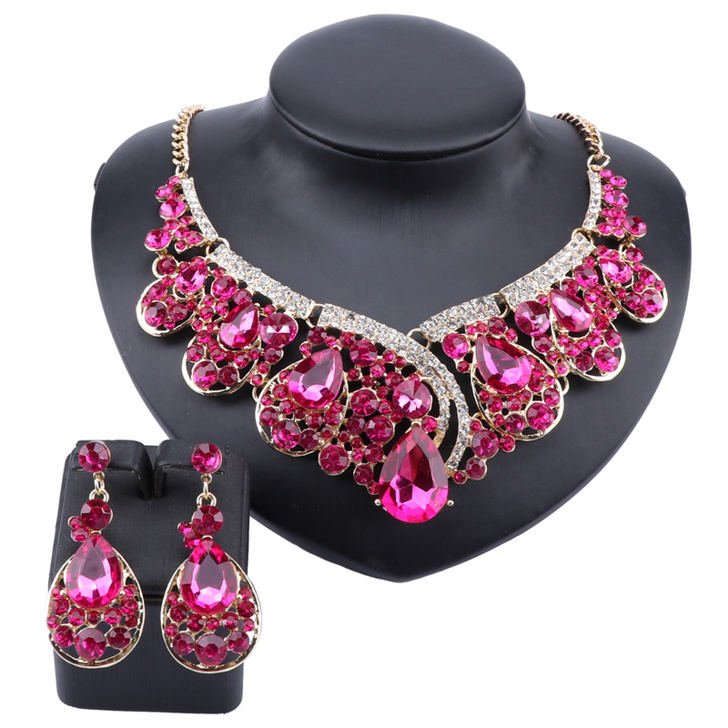 Modischer Kristall Choker Statement Halskette Ohrring Kragen Boho Schmuckset Hochzeitsgeschenk Frauen Bräute Abschlussball Party_voghion.com