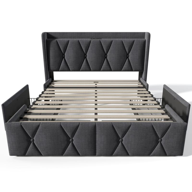 Cadre de lit double avec rangement 140 x 200 cm, avec port USB, tête de lit capitonnée et 4 tiroirs, sommier à lattes en bois gris (avec matelas)_voghion.com