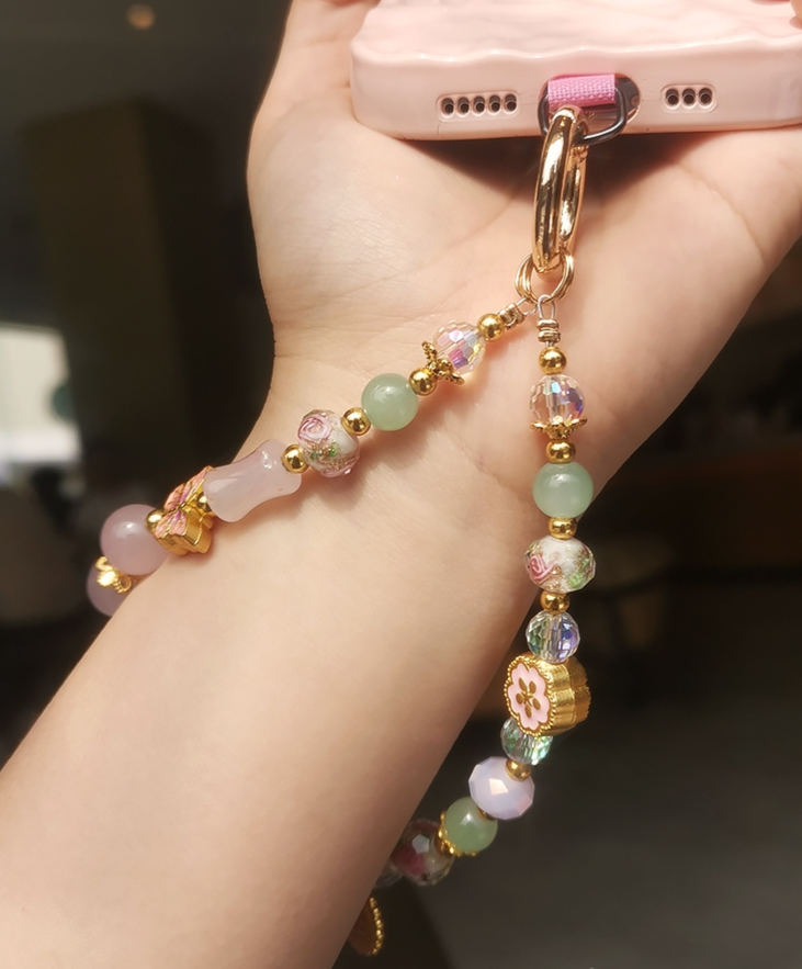 Mobiltelefon-kötél, kínai stílusú üvegvirág medál karkötő, női lánc, rövid csuklódíszes lánccsipesz,_voghion.com