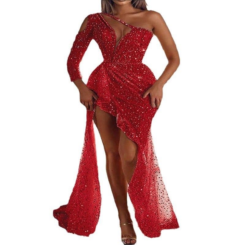cross border women's dreamy socialite party party quality sexy high slit long sleeved sequined banquet evening dress_voghion.com