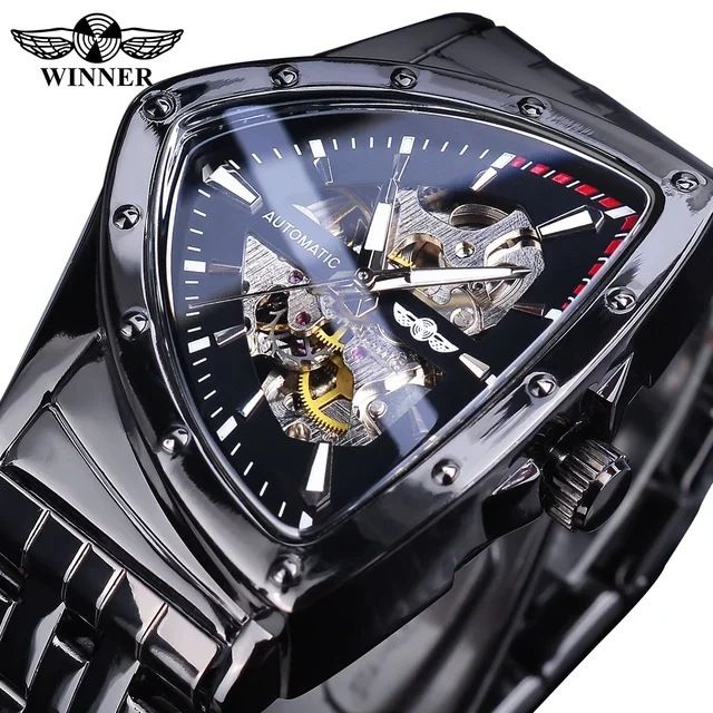 Relógio mecânico automático triangular esqueleto masculino moderno - Pulseira de aço inoxidável, cristal mineral, várias opções de cores_voghion.com